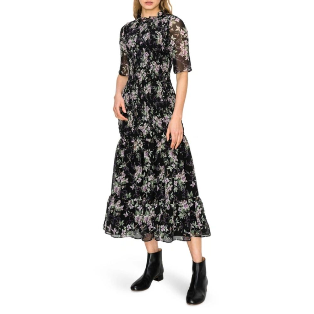 Code X Mode Ruffle Mock Neck Smocked Floral Midi Dress Feminine Boho Flowy Fairy